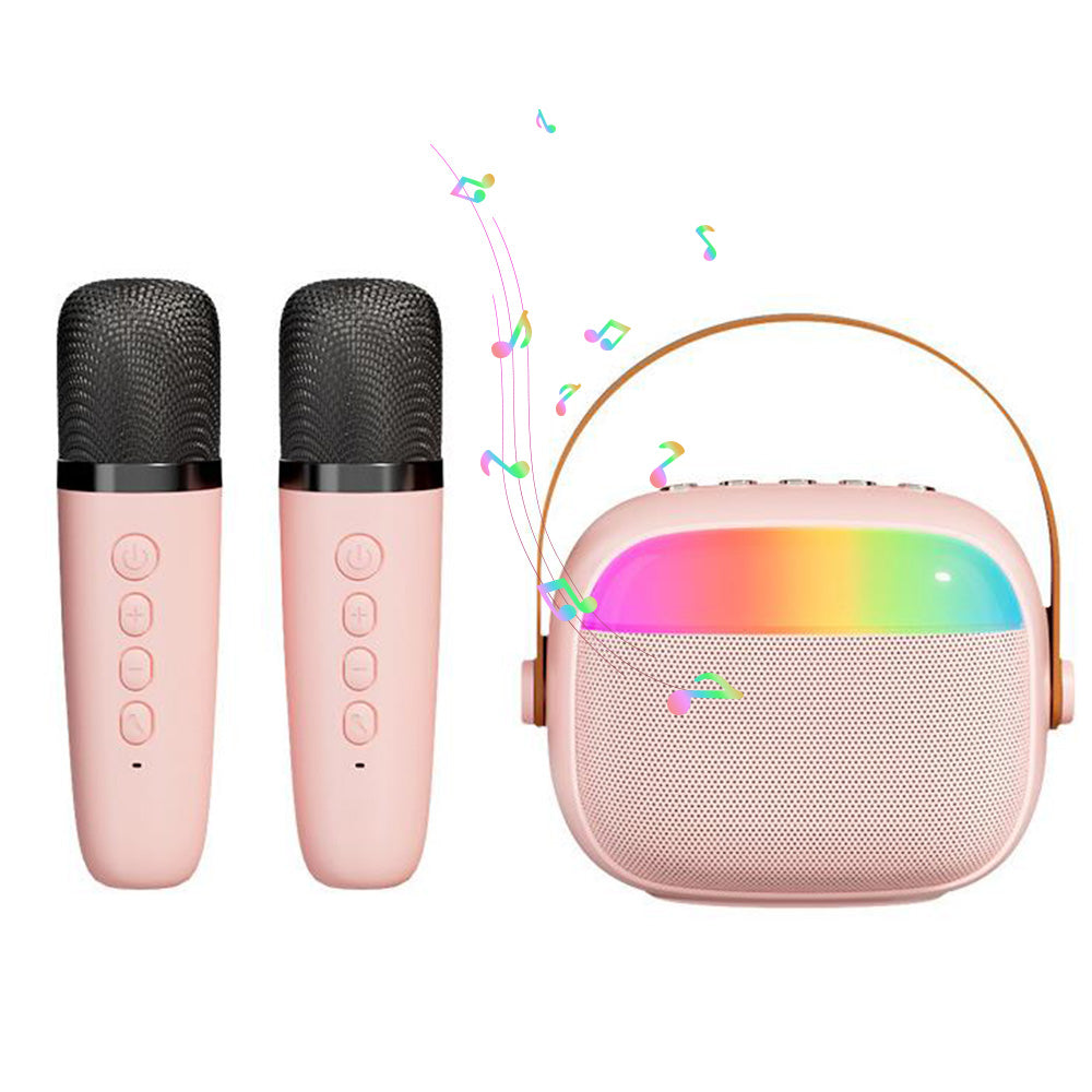 Mini Karaoke Machine with 2 Wireless Microphones Portable Bluetooth Speaker Singing Machine Pink