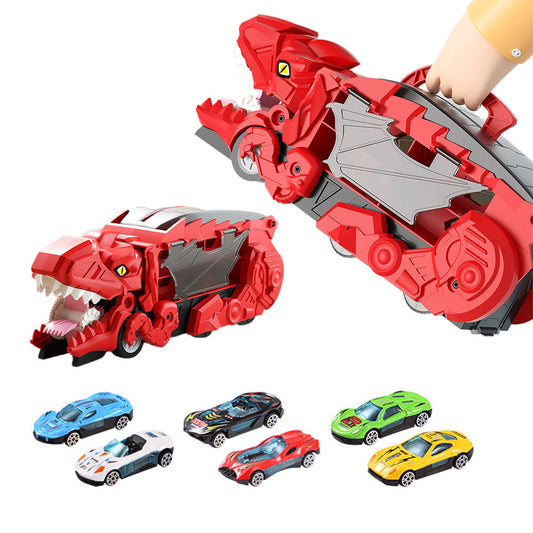 7Pcs Set Dinosaur Truck Toys Foldable Transport Track with 6 Pull Back Cars for Kids Christmas Birthday Red