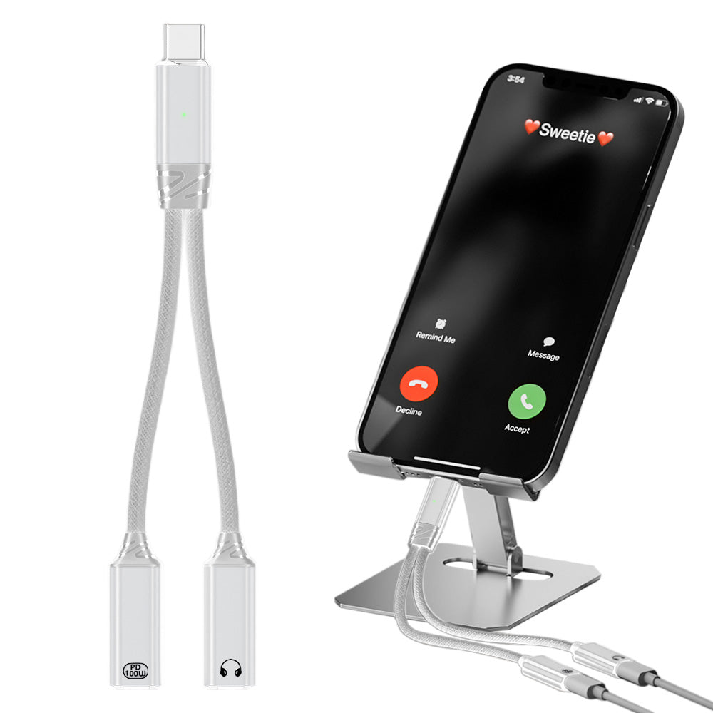 2-in-1 USB-C Splitter Dual Type-C Headphone and Charger Adapter Audio Dongle Cable for iPhone 16 Series White