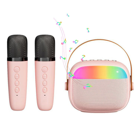 Mini Karaoke Machine with 2 Wireless Microphones Portable Bluetooth Speaker Singing Machine Pink
