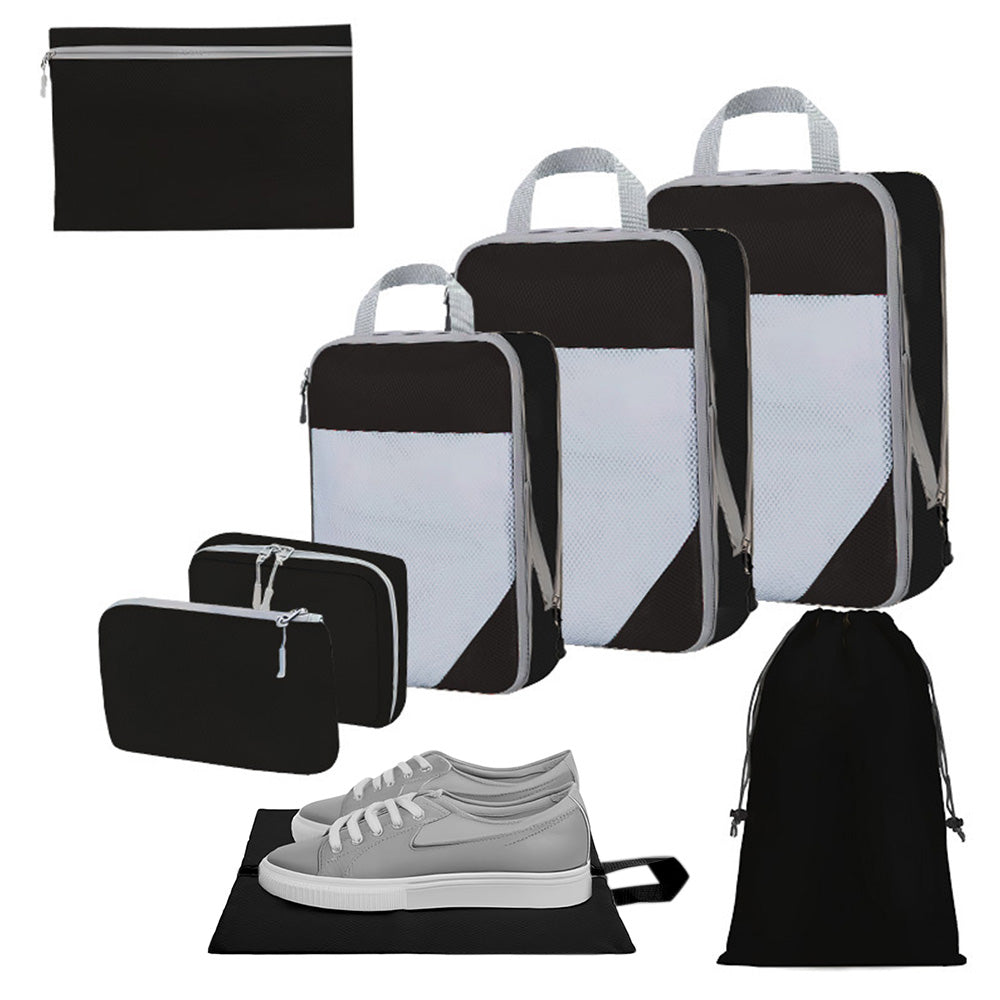 8 Set Compression Packing Cubes For Travel Essentials Expandable Luggage Storage Bags Set  with Laundry Black