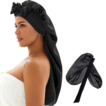 Double-Side Long Hair Bonnet for Sleeping Women Sleeping Cap with Tie Band Black