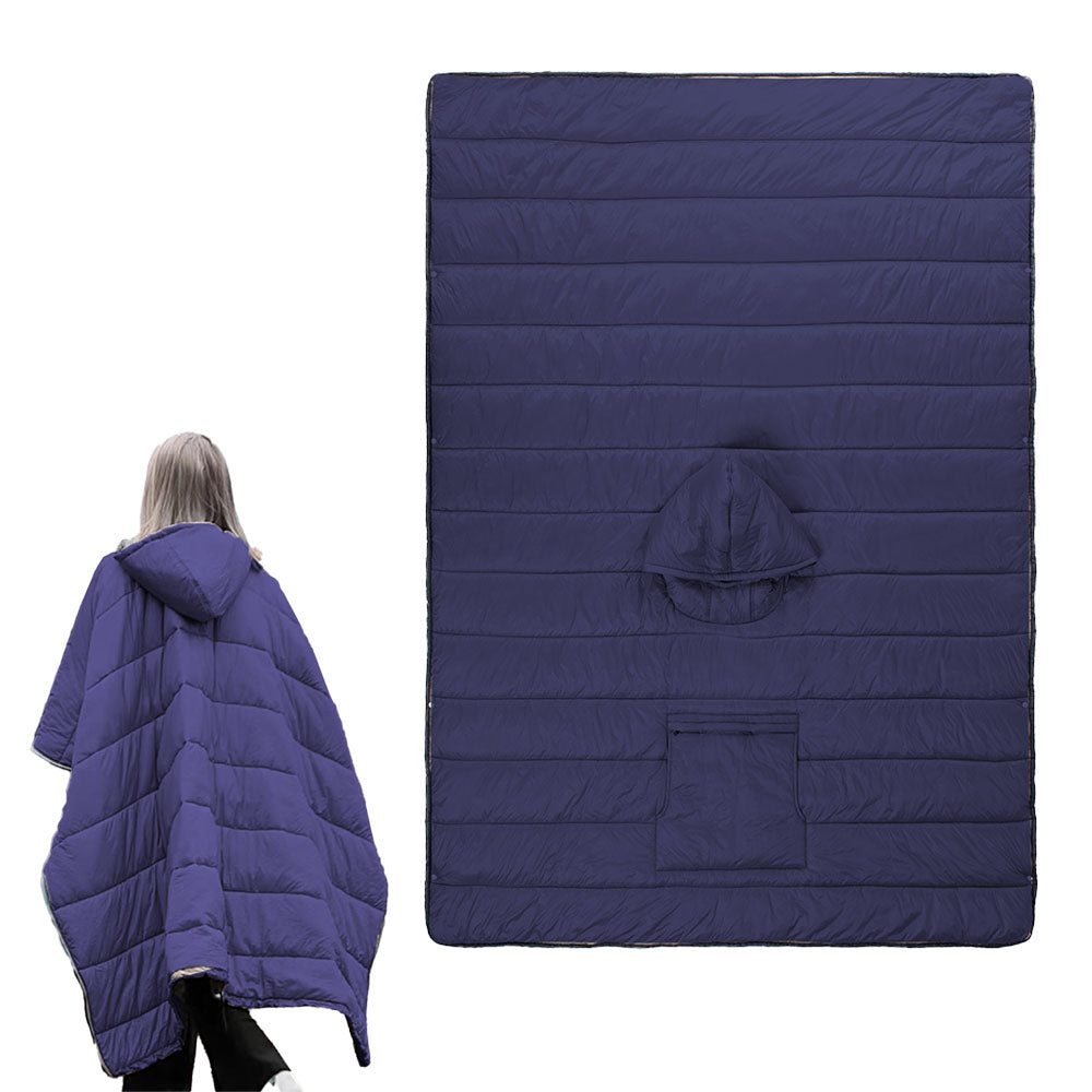 Camping Warm Cloak Cape Poncho Sleeping Bag Wearable Hooded Blanket for Hiking Fishing Outdoor Sport Navy Blue