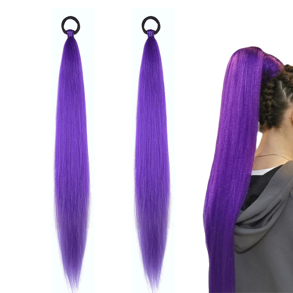 2PCS Purple Ponytail Extensions with Elastic Tie Straight Sleek Wrap Around Braids Purple