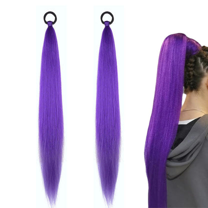 2PCS Purple Ponytail Extensions with Elastic Tie Straight Sleek Wrap Around Braids Purple