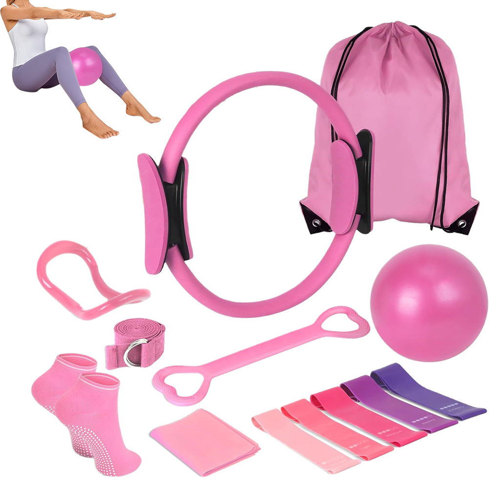 13PCS Home Pilates Essentials Kit ¨C Includes Yoga Ball Resistance Band and Pilates Ring Pink