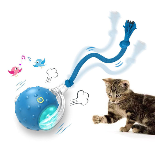 Motion Activate Interactive Cat Toy Rechargeable Smart Rolling Ball with Rope Blue