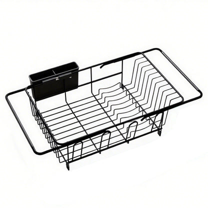 Expandable Over Sink Dish Drying Rack Stainless Steel with Utensil Holder Black