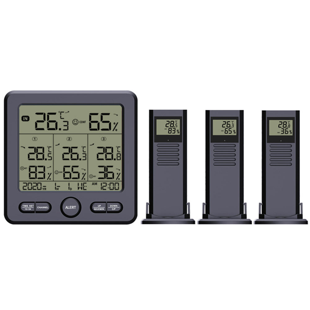 Digital Thermometer Hygrometer with 3 Wireless Sensors Indoor Outdoor Temperature Humidity Monitor Black