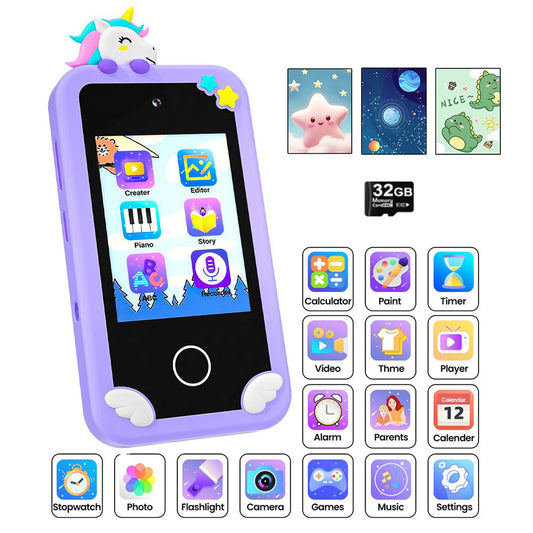 Kids Dual Camera Smart Phone Toy Touchscreen Phone with 32G TF Card Christmas Birthday Learning Play Toy Purple