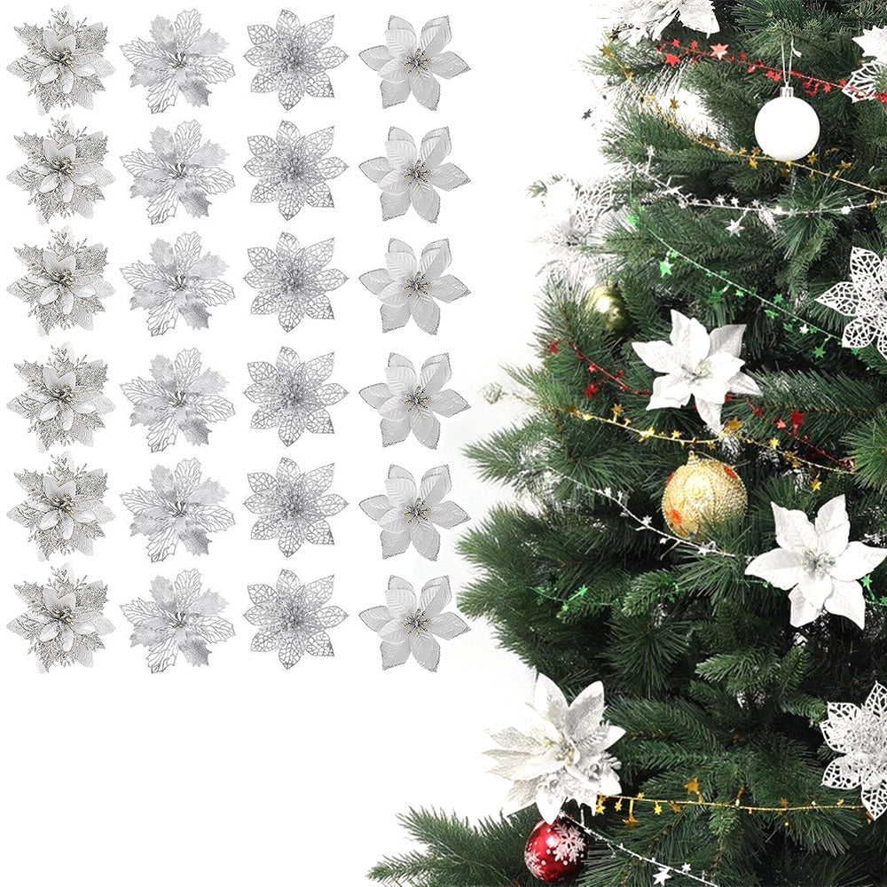 24Pcs Artificial Flowers Christmas Tree Ornaments for Wreath Fireplace Stairs Decor Silver