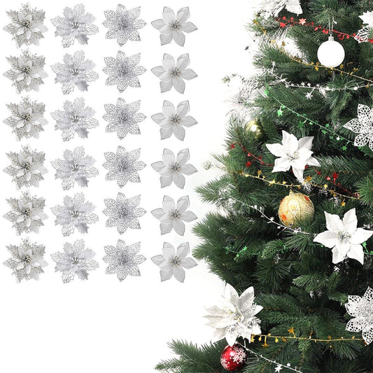 24Pcs Artificial Flowers Christmas Tree Ornaments for Wreath Fireplace Stairs Decor Silver