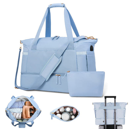 37L Women Fitness Travel Bag Waterproof USB Charging Carry-On Overnight Sky Blue