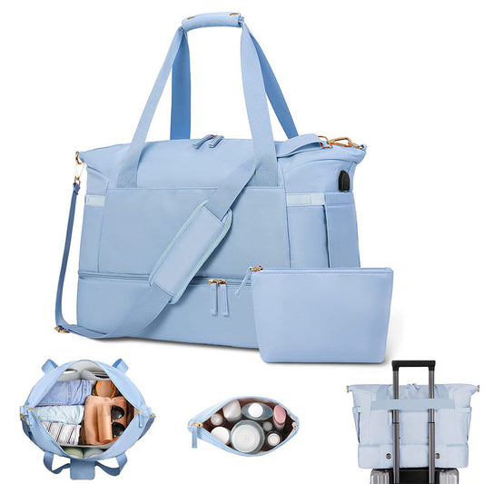 37L Women Fitness Travel Bag Waterproof USB Charging Carry-On Overnight Sky Blue