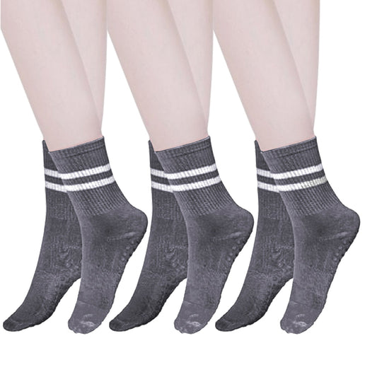 3 Pairs of Yoga Socks Non-Slip Grips Anti-Skid Pilates Barre Dance Cushioned Socks Grey