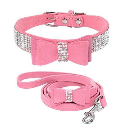 Dazzling Rhinestone Dog Collar and Leash Set with Bow Knot for Small Dogs and Puppies Pink
