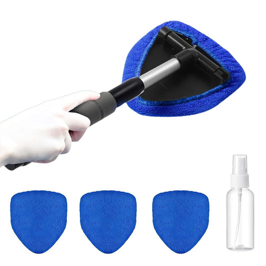 Extendable Windshield Cleaning Tool Set Car Window Microfiber Cleaner with 4 Replacement Microfiber Pads Blue
