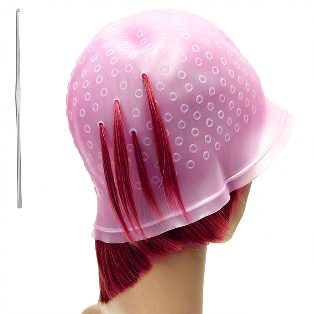 Reusable Silicone Hair Highlighting Cap with Stainless Steel Hook-Pink