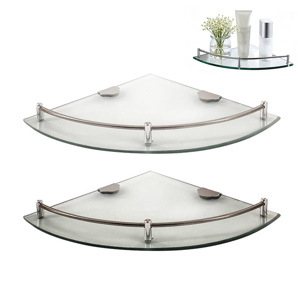 2Pcs Glass Corner Bathroom Shelf with Stainless Steel Guard Rail