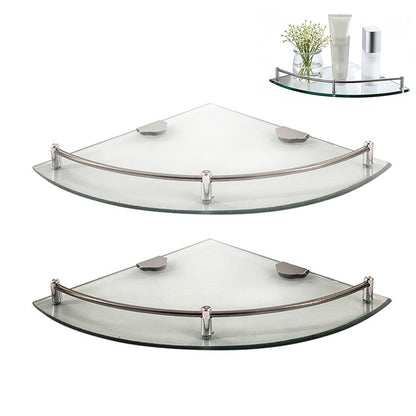 2Pcs Glass Corner Bathroom Shelf with Stainless Steel Guard Rail