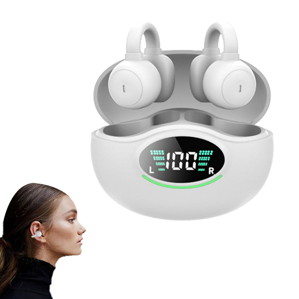 Bluetooth 5.3 Ear Clip Headphones Wireless Sports Earbuds with LED Display Charging Case White