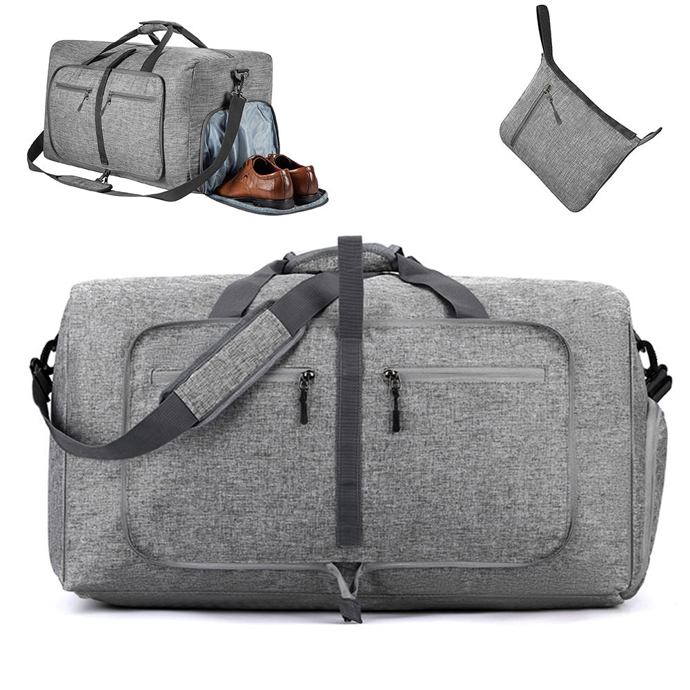 Large Foldable Travel Duffel Bag Carry-On Shoulder Bag with Shoe Compartment Grey
