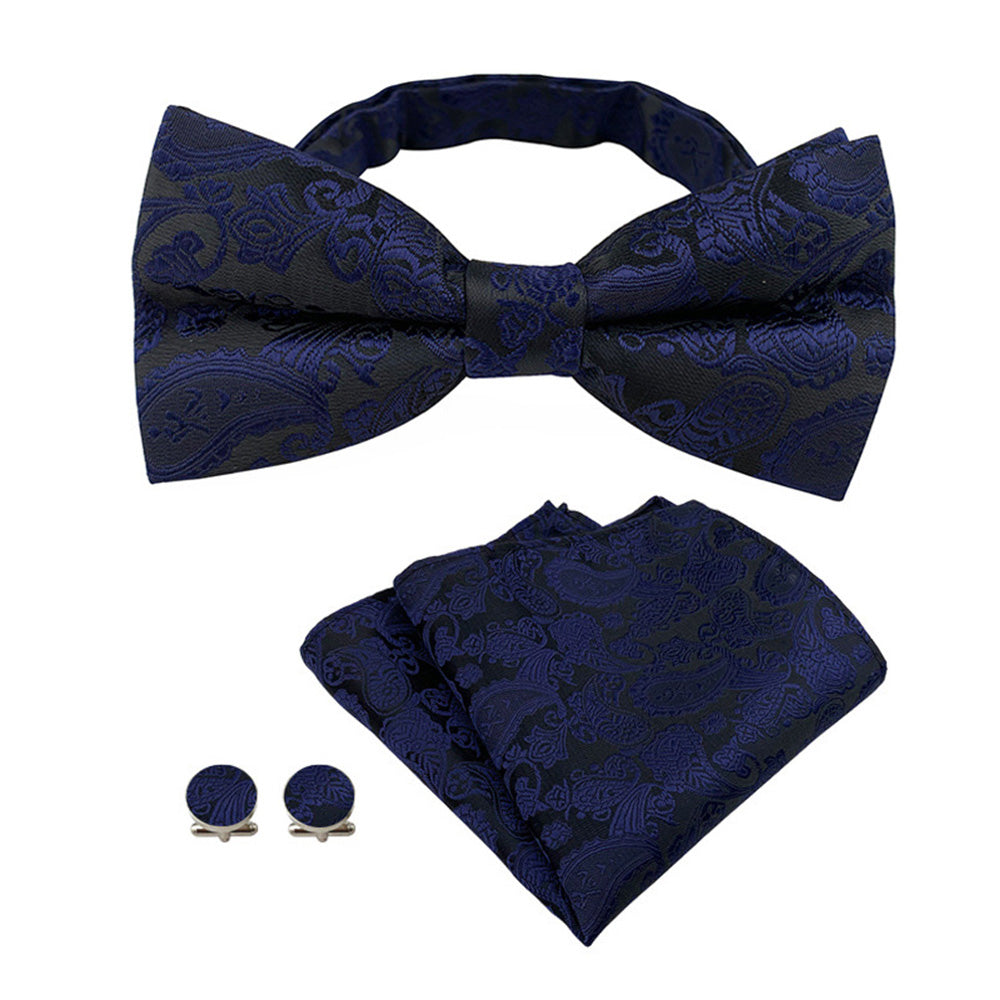 Men's Paisley Pre Tied Bow Tie Set 4-Piece with Pocket Square Cufflinks Blue