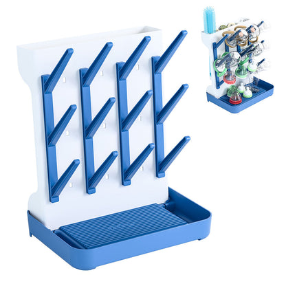 Detachable Bottle Drying Rack for 12 Bottles Space Saving Countertop Vertical Rack with Brushes Holder Blue