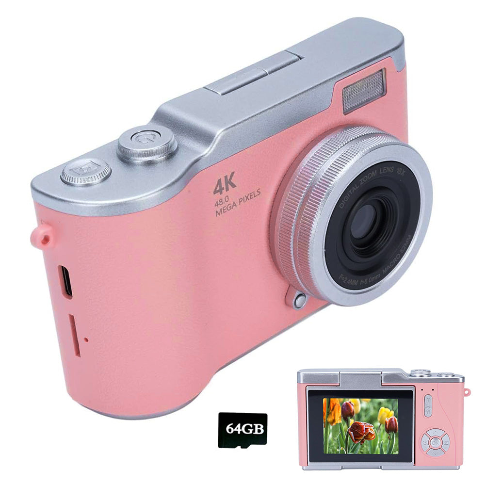 HD 1080P Retro Digital Camera with 2.4-inch Flip Screen for Photos & Video Pink