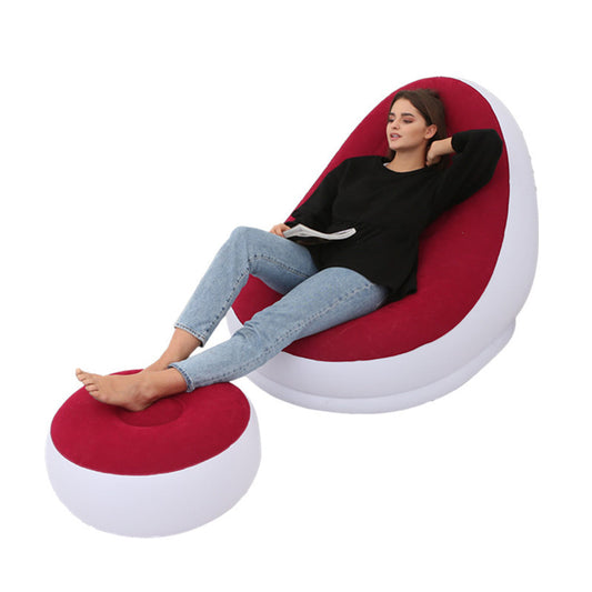 Inflatable Sofa Couch and Footrest Set Flocking Blow Up Couch Chair Set for Camping Balcony Bedroom Wine Red