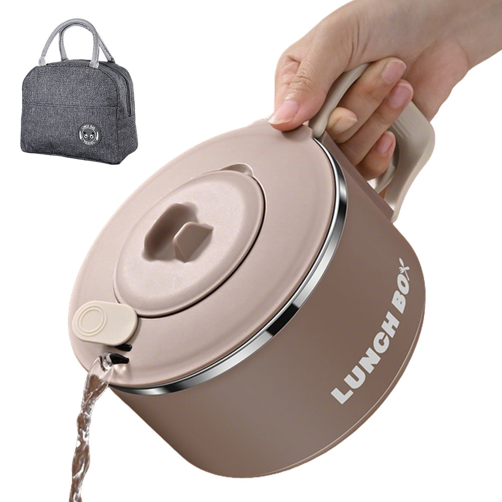 1200ML Large Ramen Bow with Lid Spoon Storage Bag-Brown