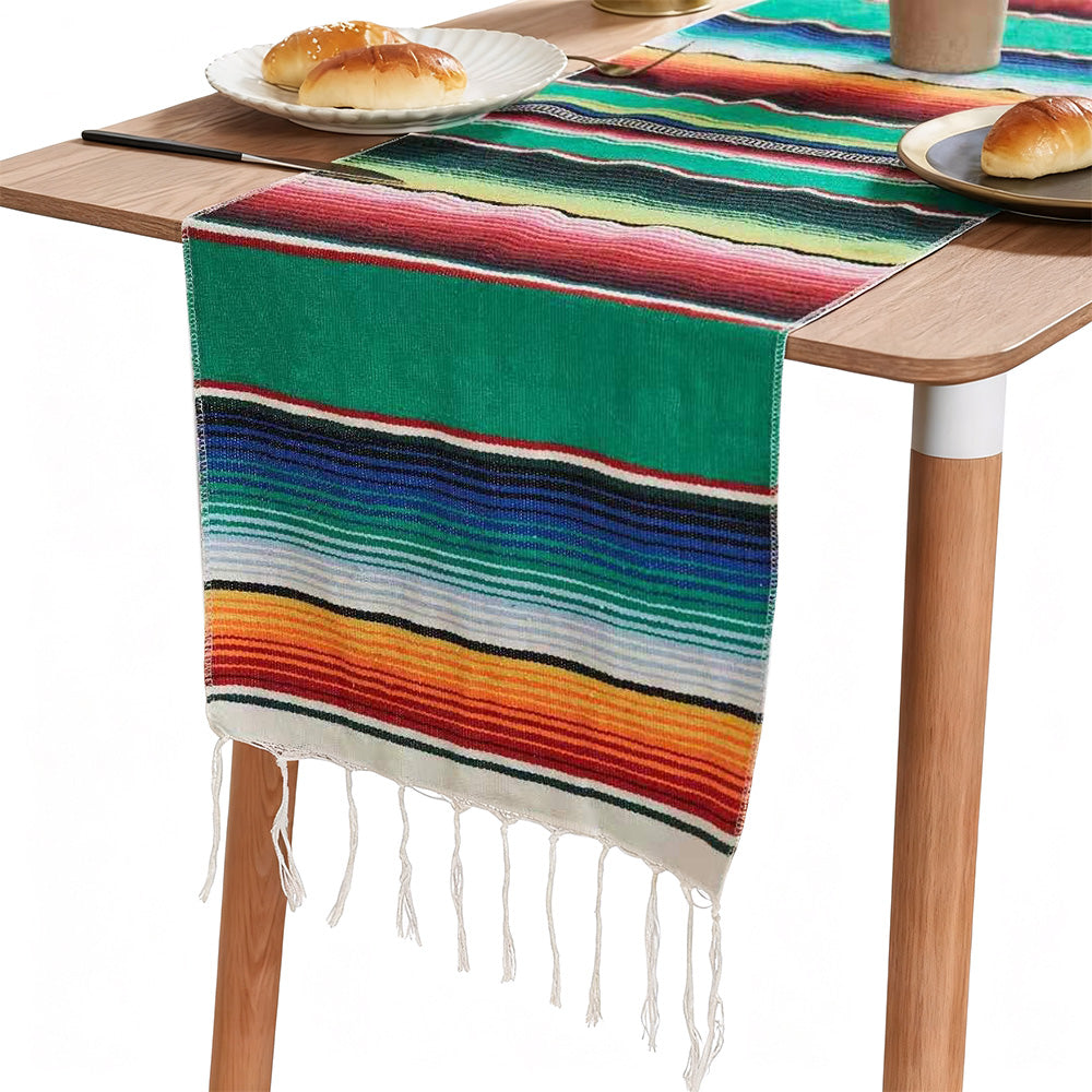 Mexican Serape Table Runner with Tassels for Party Wedding Outdoor Picnic Decor Multicolor Green