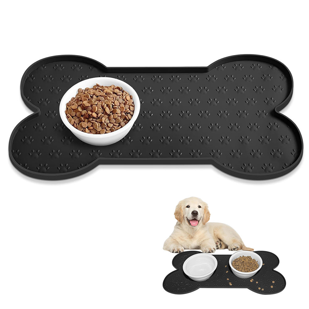 Dog Food Mats for Floors Waterproof Silicone Dog Bowl Mat with Raised Edge Black