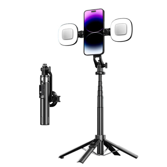 Portable Phone Tripod Stand Retractable Selfie Stick with Remote Control and Fill Light for Photograph Video Recording Black