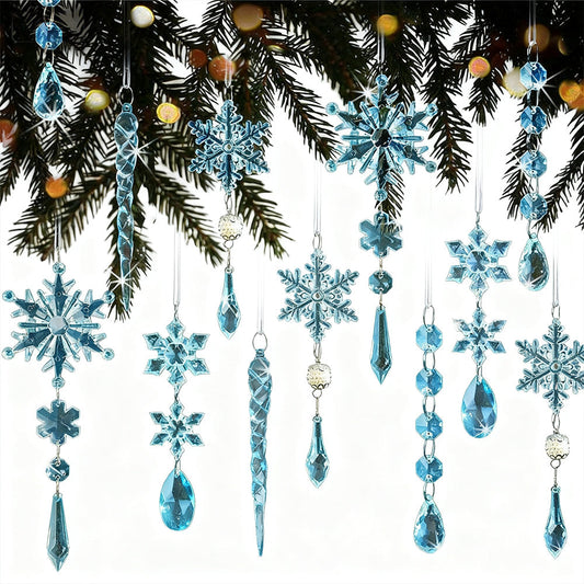 18PCS Hanging Acrylic Snowflake & Icicle Ornaments for Christmas Tree Decor Blue