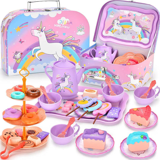 Kids Pretend Tea Party Set with Dessert & Carrying Case Style 3