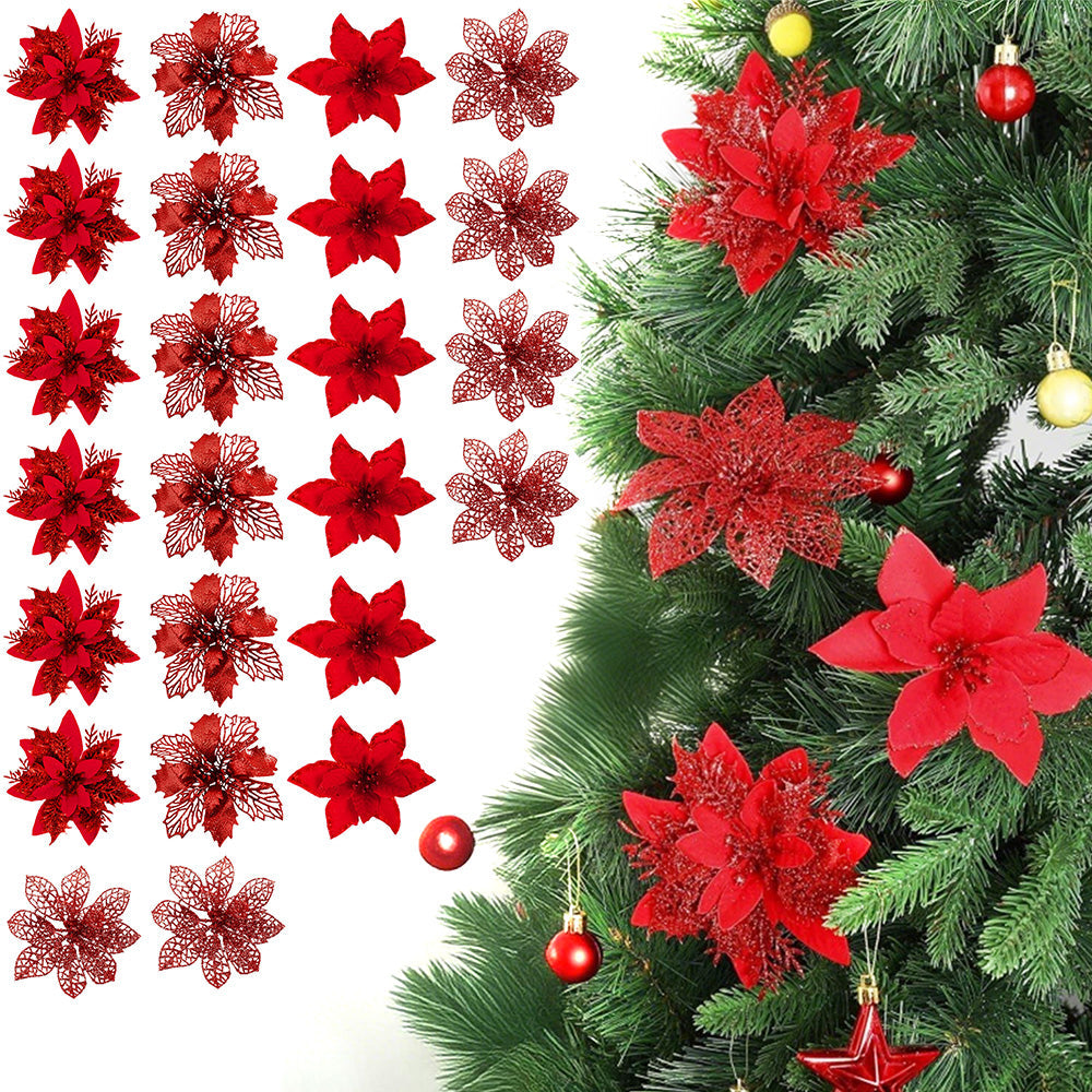 24Pcs Artificial Flowers Christmas Tree Ornaments for Wreath Fireplace Stairs Decor Red