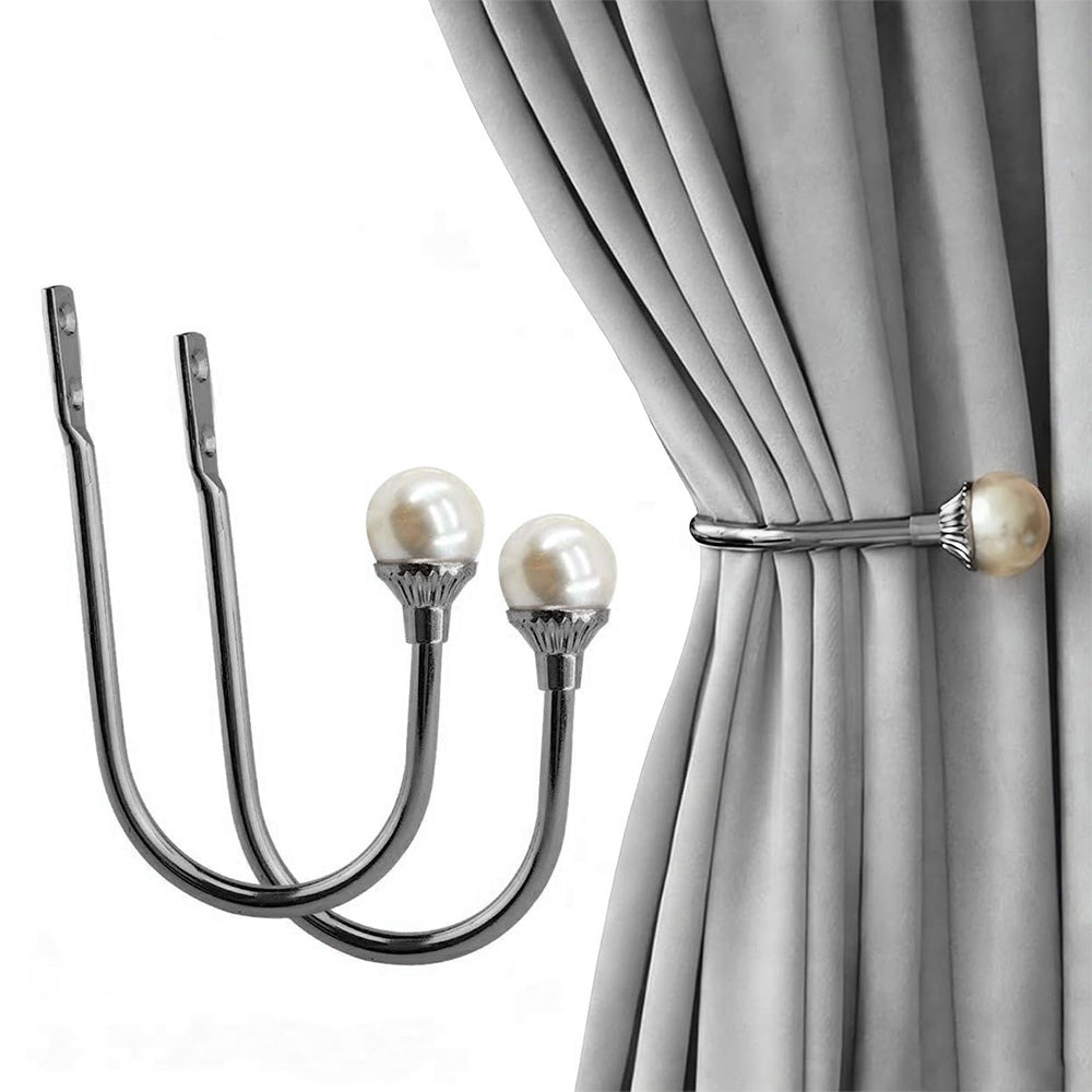 2Piece U Shape Pearl Curtain Holdback Hooks with Screws-Black