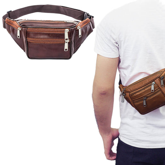 Multi-pocket Fanny Pack Leather Waist Bag Bum Bag Brown