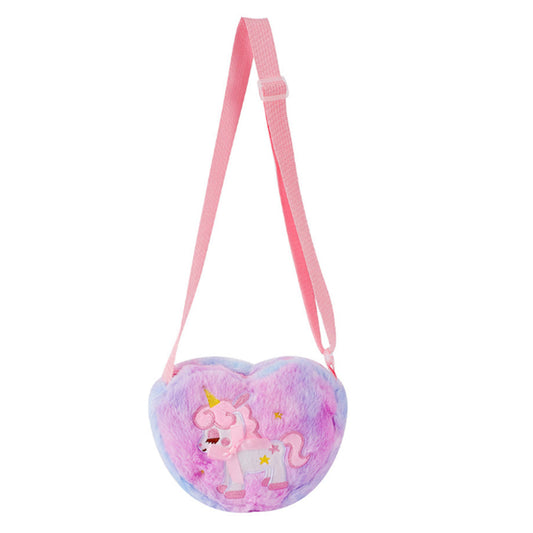 Cute Plush Unicorn Crossbody Bag Heart Shape Zipper Shoulder Bag for Girls Light Purple