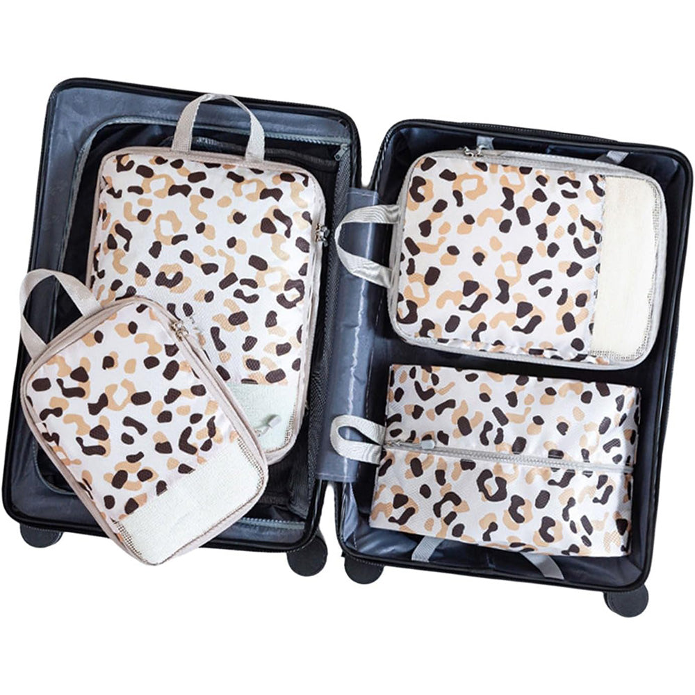 4Pcs Travel Compression Packing Cubes Expandable Luggage Organizers Leopard