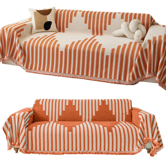 Reversible Sofa Couch Cover Boho Chenille Blanket Orange