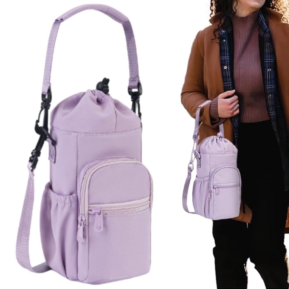Multi-pocket Water Bottle Sleeve with Adjustable Strap Insulated Bottle Carrier Sling Bag for Walking Hiking Purple