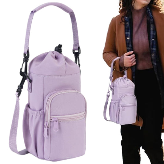 Multi-pocket Water Bottle Sleeve with Adjustable Strap Insulated Bottle Carrier Sling Bag for Walking Hiking Purple