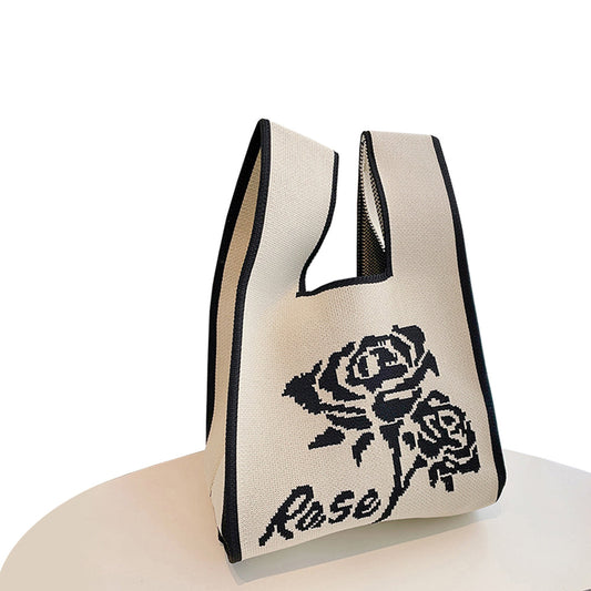 Hooking Tote Bag Small Cute Knot Wristlet Knitted Bag Knitted Wrist Purse Beige Rose