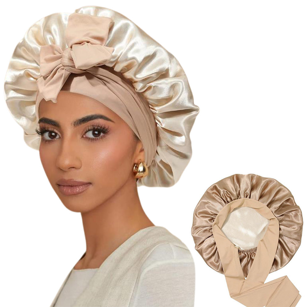 Satin Night Sleep Cap for Women Hair Bonnet with Elastic Band Khaki