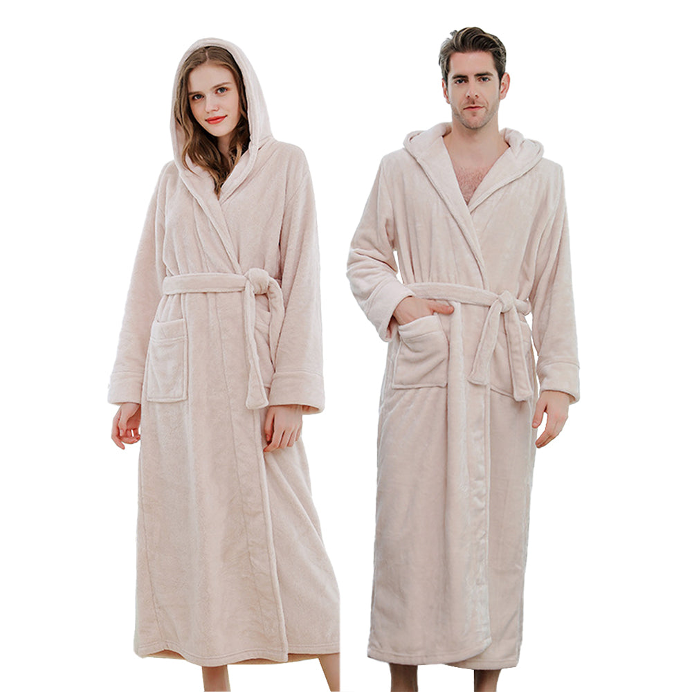 Unisex Winter Long Bathrobe Solid Warm Hooded Bath Robe for Lovers Beige