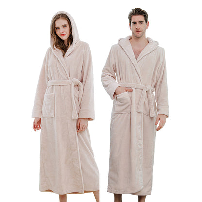 Unisex Winter Long Bathrobe Solid Warm Hooded Bath Robe for Lovers Beige