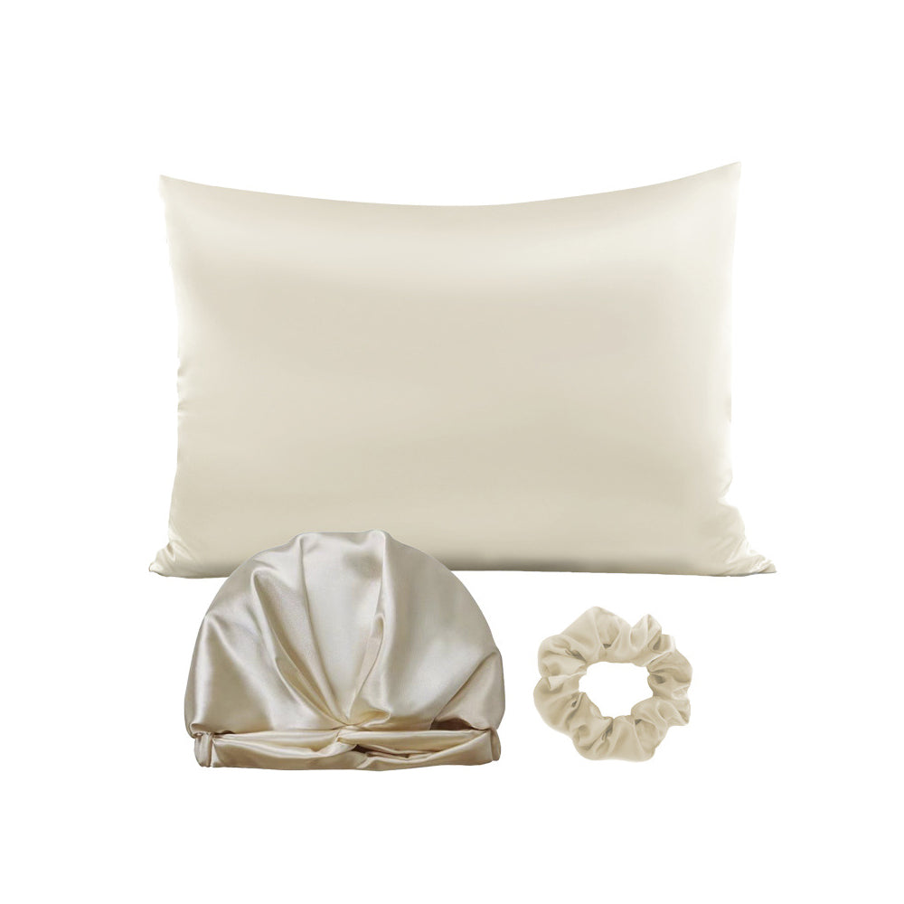 Simulated Silk Standard Pillow Case with Sleeping Bonnet Hair Scrunchy for Hair and Skin Protection Beige