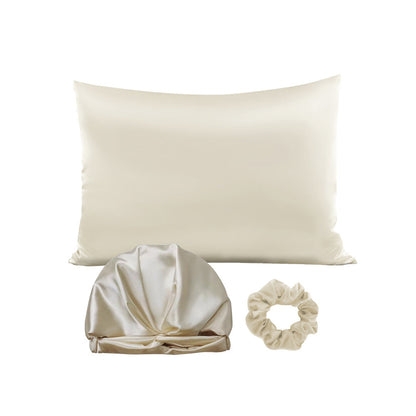 Simulated Silk Standard Pillow Case with Sleeping Bonnet Hair Scrunchy for Hair and Skin Protection Beige
